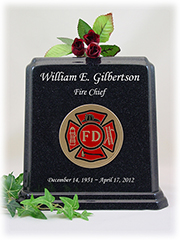 Black Granite Fireman Urn with White Lettering